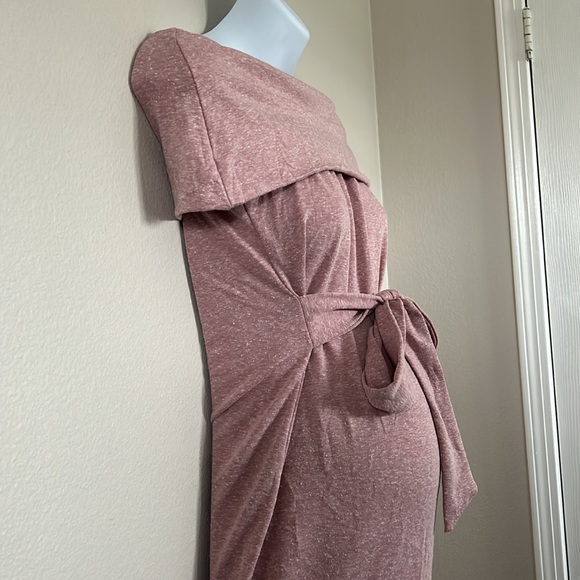 Pinkblush Heathered Mauve Folded Off Shoulder Waist Tie Maternity Midi Dress - Picture 7 of 10